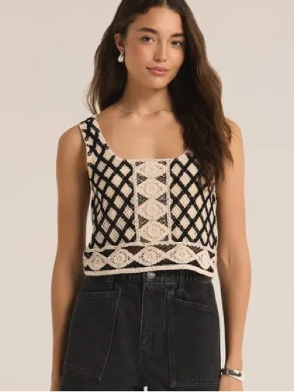 Z Supply Black and Cream Crochet Square-Neck Camisole